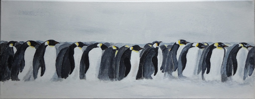 Emperors huddle. Acrylic on canvas. 50 x 20 cm